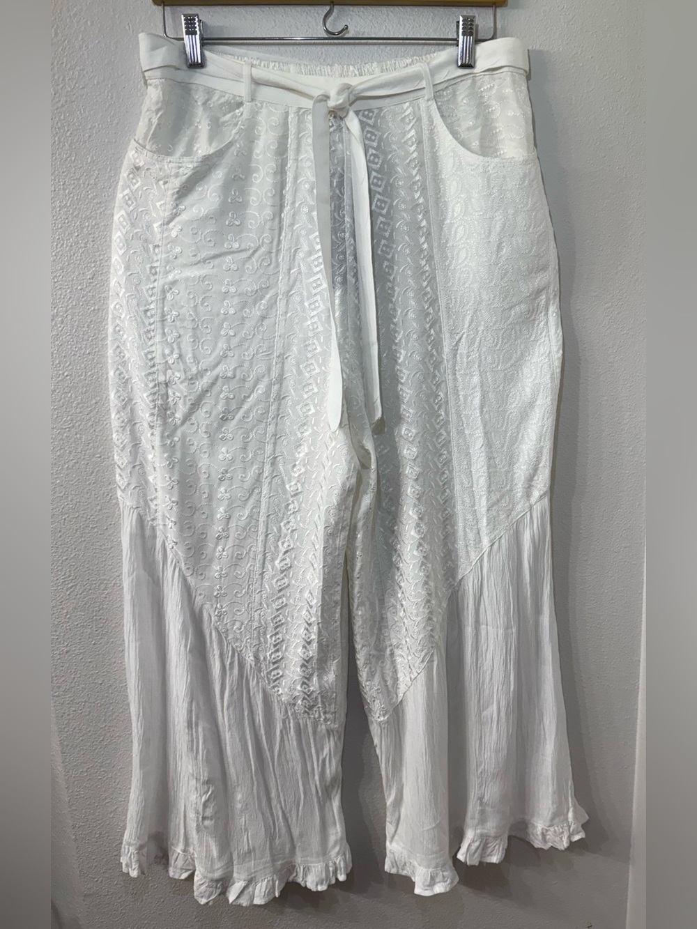 Young Threads White Embroidered Wide Leg Pants | Boho Cottagecore Resort XLG - Picture 1 of 8